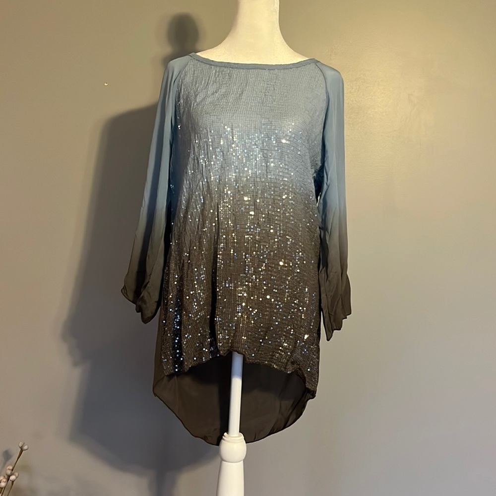 H Trend Blue and Grey Silk Top with Sequins, Size Medium